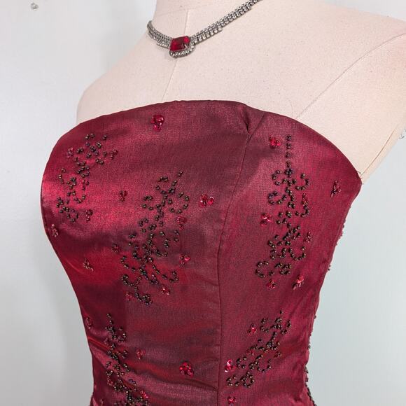 Vintage Prom Dress Maxi Gown 6 Red Y2K Goth Princess Floral Bead Strapless Glam - Picture 7 of 13